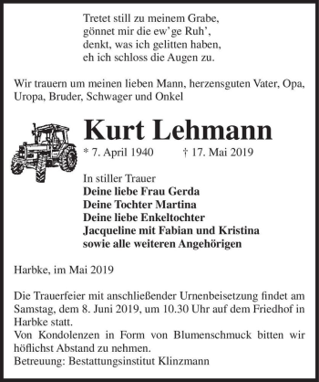 Traueranzeige von Kurt Lehmann  von Magdeburger Volksstimme