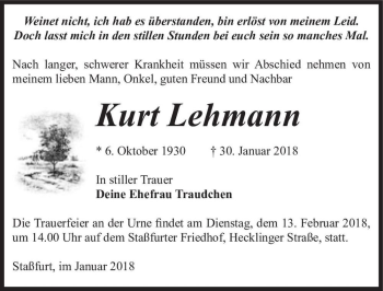 Traueranzeige von Kurt Lehmann  von Magdeburger Volksstimme