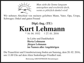 Traueranzeige von Kurt Lehmann  von Magdeburger Volksstimme