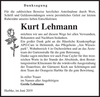 Traueranzeige von Kurt Lehmann  von Magdeburger Volksstimme