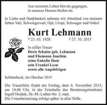Traueranzeige von Kurt Lehmann  von Magdeburger Volksstimme