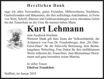 Traueranzeige von Kurt Lehmann  von Magdeburger Volksstimme
