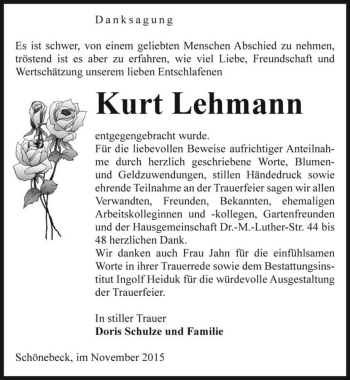 Traueranzeige von Kurt Lehmann  von Magdeburger Volksstimme