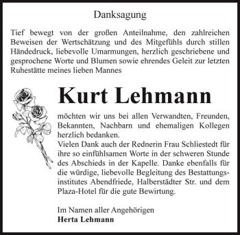 Traueranzeige von Kurt Lehmann  von Magdeburger Volksstimme