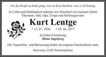 Traueranzeige von Kurt Lentge  von Magdeburger Volksstimme