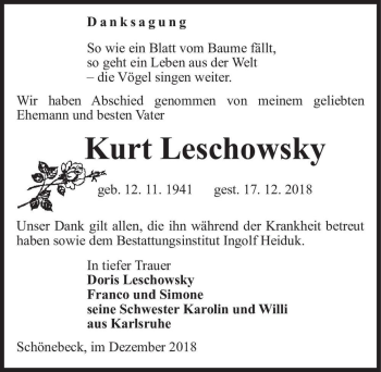 Traueranzeige von Kurt Leschowsky  von Magdeburger Volksstimme