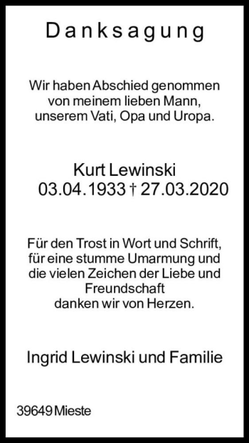 Traueranzeige von Kurt Lewinski  von Magdeburger Volksstimme