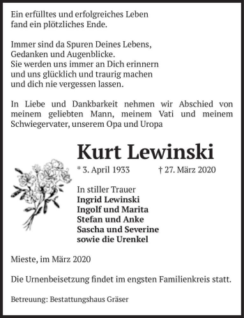 Traueranzeige von Kurt Lewinski  von Magdeburger Volksstimme