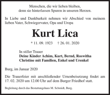 Traueranzeige von Kurt Lica  von Magdeburger Volksstimme