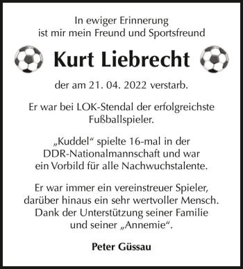 Traueranzeige von Kurt Liebrecht  von Magdeburger Volksstimme