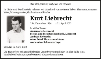 Traueranzeige von Kurt Liebrecht  von Magdeburger Volksstimme