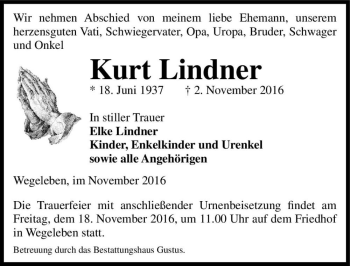 Traueranzeige von Kurt Lindner  von Magdeburger Volksstimme