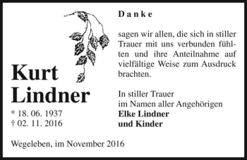 Traueranzeige von Kurt Lindner  von Magdeburger Volksstimme