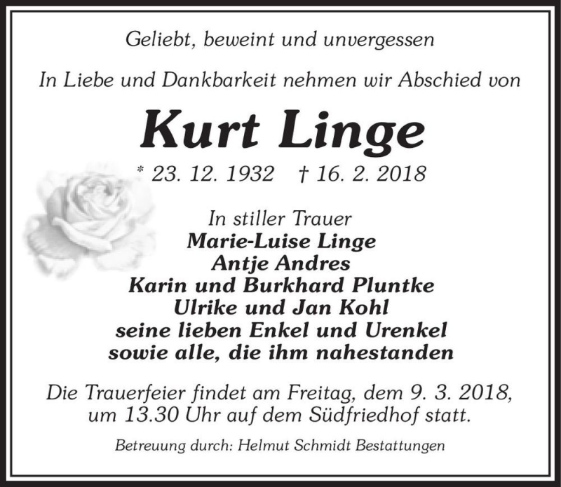  Traueranzeige für Kurt Linge  vom 03.03.2018 aus Magdeburger Volksstimme