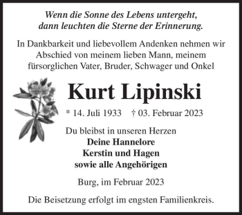 Traueranzeige von Kurt Lipinski  von Magdeburger Volksstimme