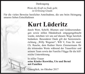Traueranzeige von Kurt Lüderitz  von Magdeburger Volksstimme