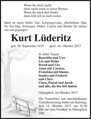 Traueranzeige von Kurt Lüderitz  von Magdeburger Volksstimme