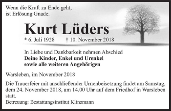 Traueranzeige von Kurt Lüders  von Magdeburger Volksstimme