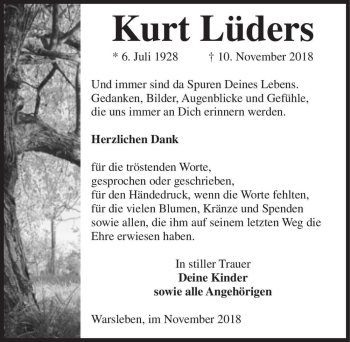 Traueranzeige von Kurt Lüders  von Magdeburger Volksstimme