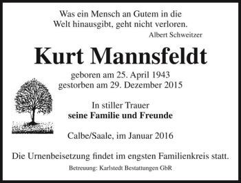 Traueranzeige von Kurt Mannsfeldt  von Magdeburger Volksstimme