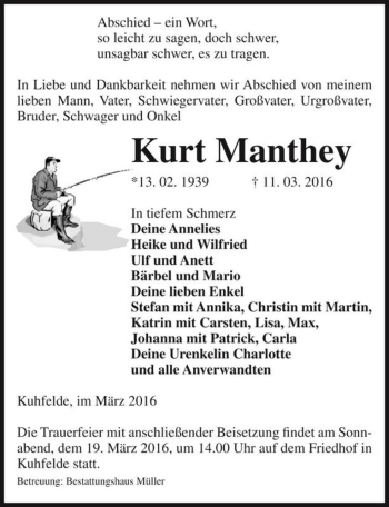 Traueranzeige von Kurt Manthey  von Magdeburger Volksstimme