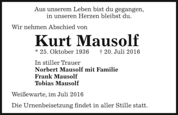 Traueranzeige von Kurt Mausolf  von Magdeburger Volksstimme