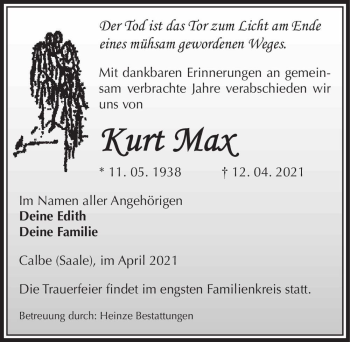 Traueranzeige von Kurt Max  von Magdeburger Volksstimme