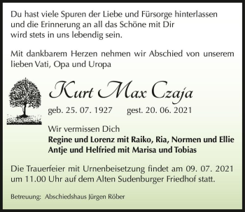 Traueranzeige von Kurt Max Czaja  von Magdeburger Volksstimme