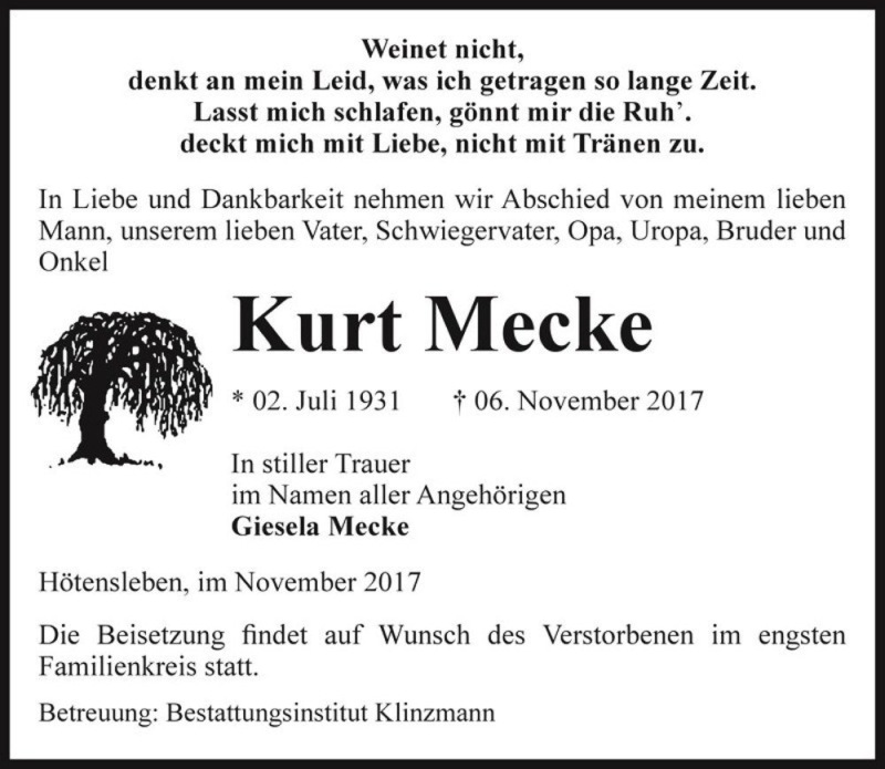  Traueranzeige für Kurt Mecke  vom 09.11.2017 aus Magdeburger Volksstimme