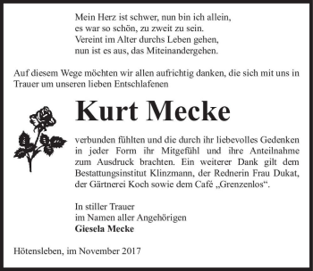 Traueranzeige von Kurt Mecke  von Magdeburger Volksstimme