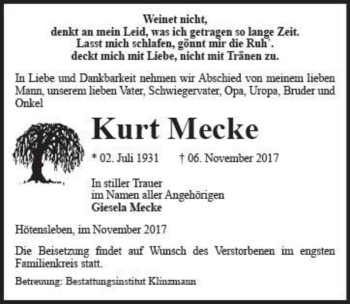 Traueranzeige von Kurt Mecke  von Magdeburger Volksstimme