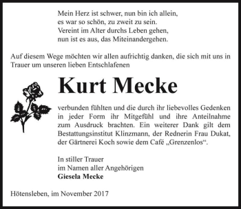 Traueranzeige von Kurt Mecke  von Magdeburger Volksstimme