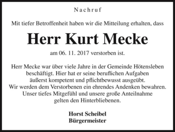 Traueranzeige von Kurt Mecke  von Magdeburger Volksstimme