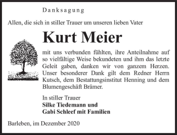 Traueranzeige von Kurt Meier  von Magdeburger Volksstimme