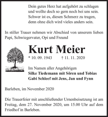 Traueranzeige von Kurt Meier  von Magdeburger Volksstimme