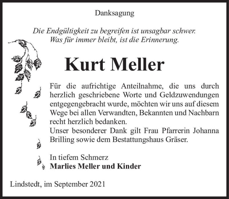  Traueranzeige für Kurt Meller  vom 17.09.2021 aus Magdeburger Volksstimme