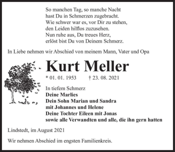 Traueranzeige von Kurt Meller  von Magdeburger Volksstimme