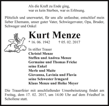 Traueranzeige von Kurt Menze  von Magdeburger Volksstimme