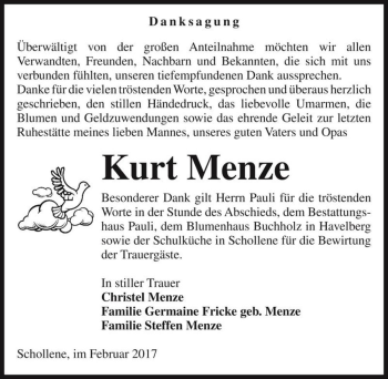 Traueranzeige von Kurt Menze  von Magdeburger Volksstimme