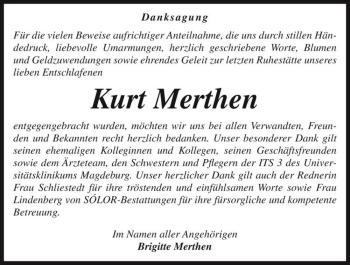 Traueranzeige von Kurt Merthen  von Magdeburger Volksstimme