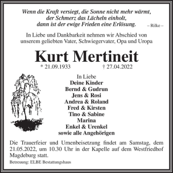 Traueranzeige von Kurt Mertineit  von Magdeburger Volksstimme