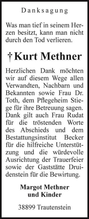 Traueranzeige von Kurt Methner  von Magdeburger Volksstimme