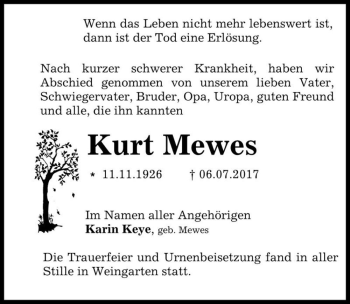 Traueranzeige von Kurt Mewes  von Magdeburger Volksstimme