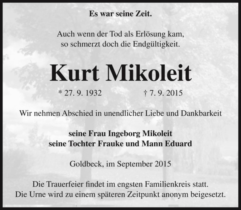  Traueranzeige für Kurt Mikoleit  vom 11.09.2015 aus Magdeburger Volksstimme