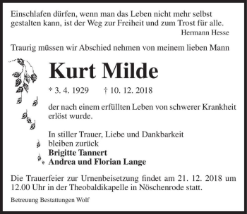 Traueranzeige von Kurt Milde  von Magdeburger Volksstimme
