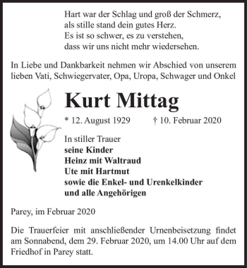 Traueranzeige von Kurt Mittag  von Magdeburger Volksstimme