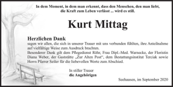 Traueranzeige von Kurt Mittag  von Magdeburger Volksstimme