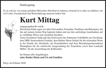 Traueranzeige von Kurt Mittag  von Magdeburger Volksstimme
