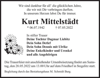 Traueranzeige von Kurt Mittelstädt  von Magdeburger Volksstimme