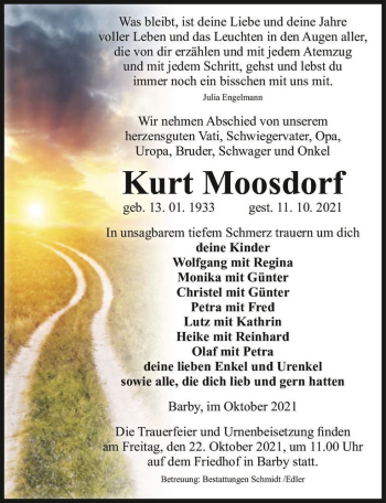 Traueranzeige von Kurt Moosdorf  von Magdeburger Volksstimme